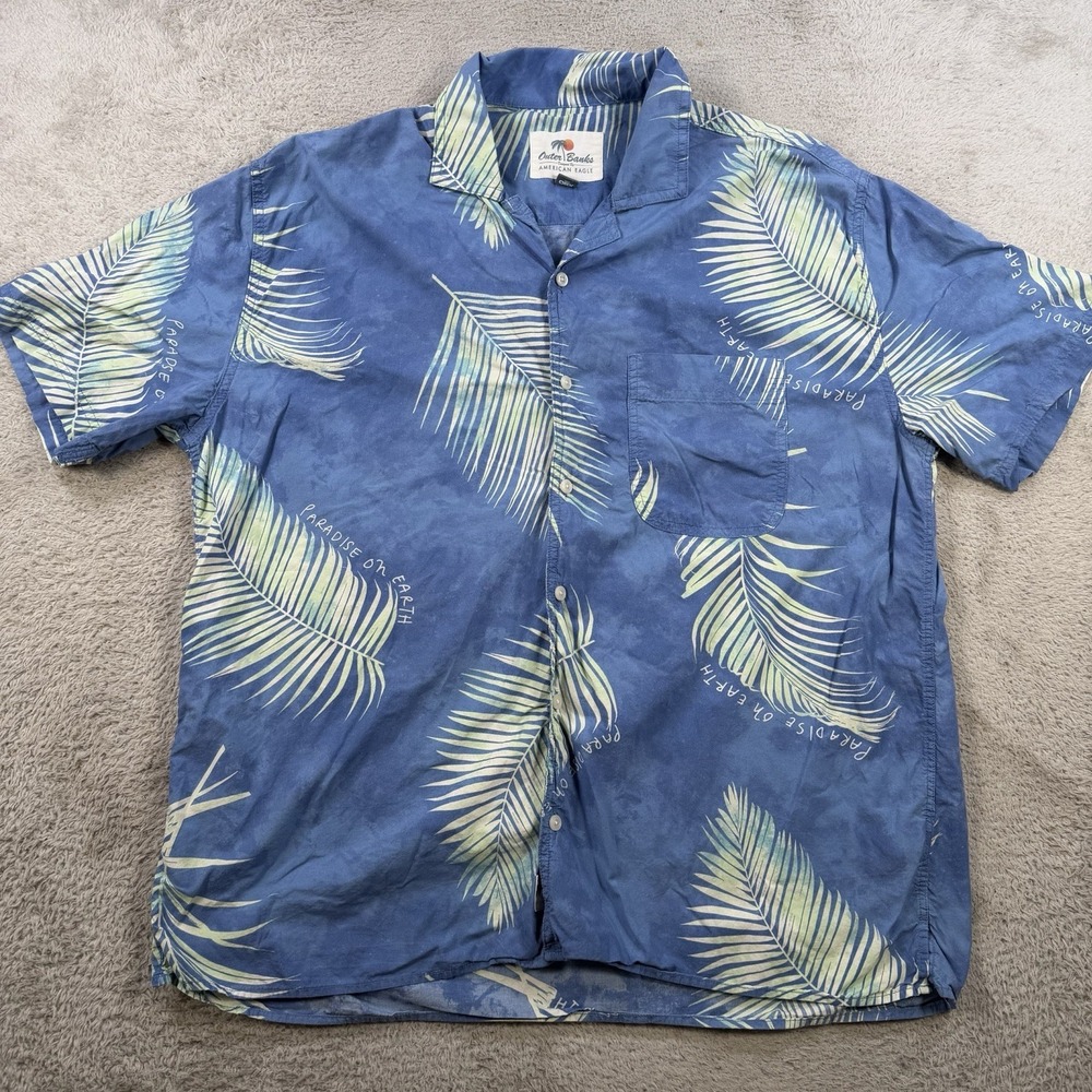 American Eagle Outer Banks Shirt Mens LT Blue Hawaiian Tropical Short Sleeve OBX